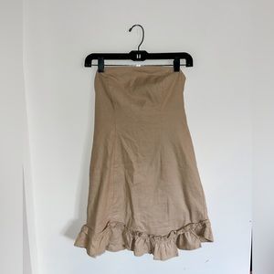 NWT Lovers + Friends x Revolve Tan Linen Tube Strapless Ruffle Hem Mini Dress